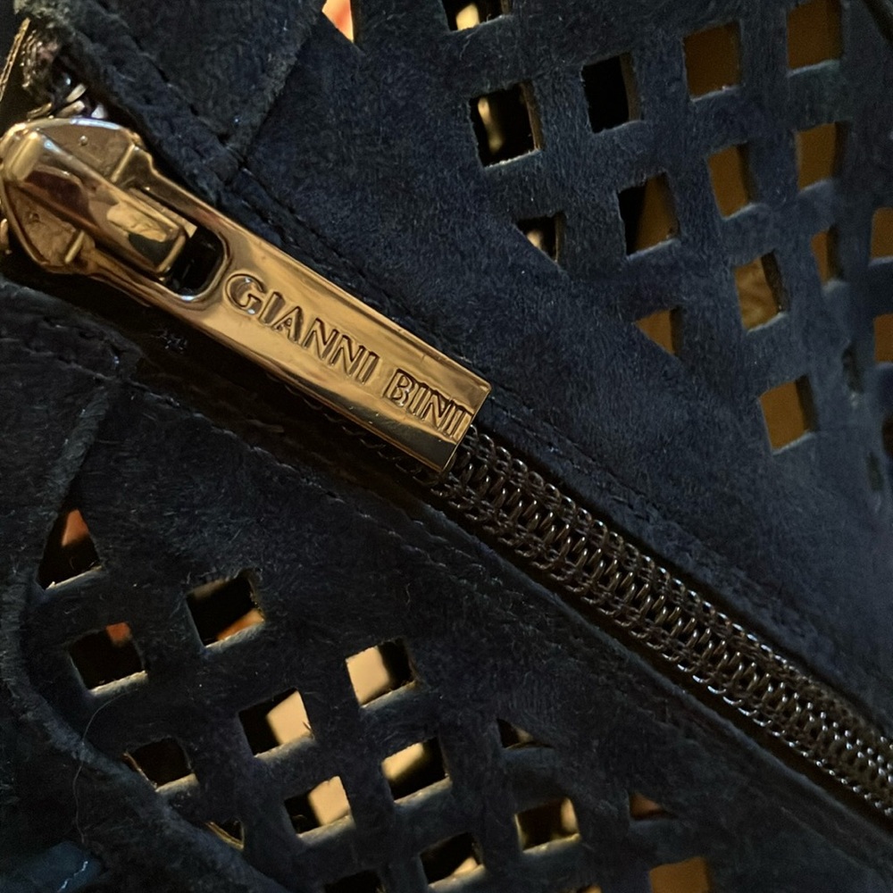 2/$40 Navy Blue Lace-Up Block Heels Open Toe Inside Heavy Duty Zipper Sz 9.5M - Picture 5 of 10
